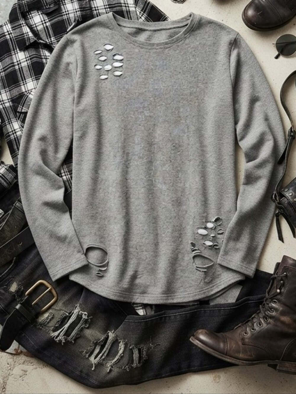 Alphalete Lifestyle Grey Distressed With Rips Holes Long Sleeve Sweater Top